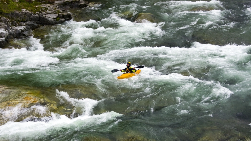 beautiful scenery rafting mountain river stream flowing down huge stones
