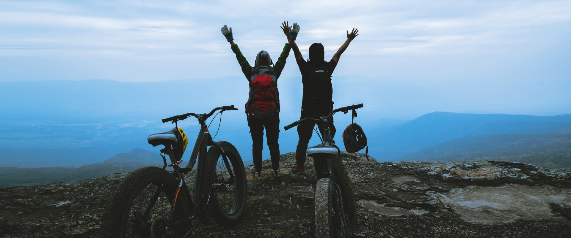 asian lover women men travel nature travel relax ride bike wilderness wild standing rocky cliff trav