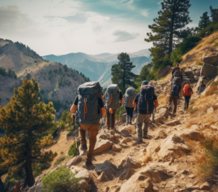 group hikers walking trail mountains