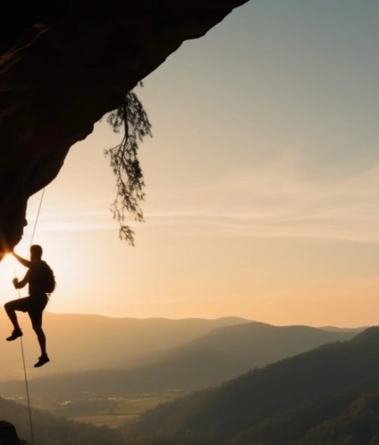 man stands cliff mountains with sun shining his back 1