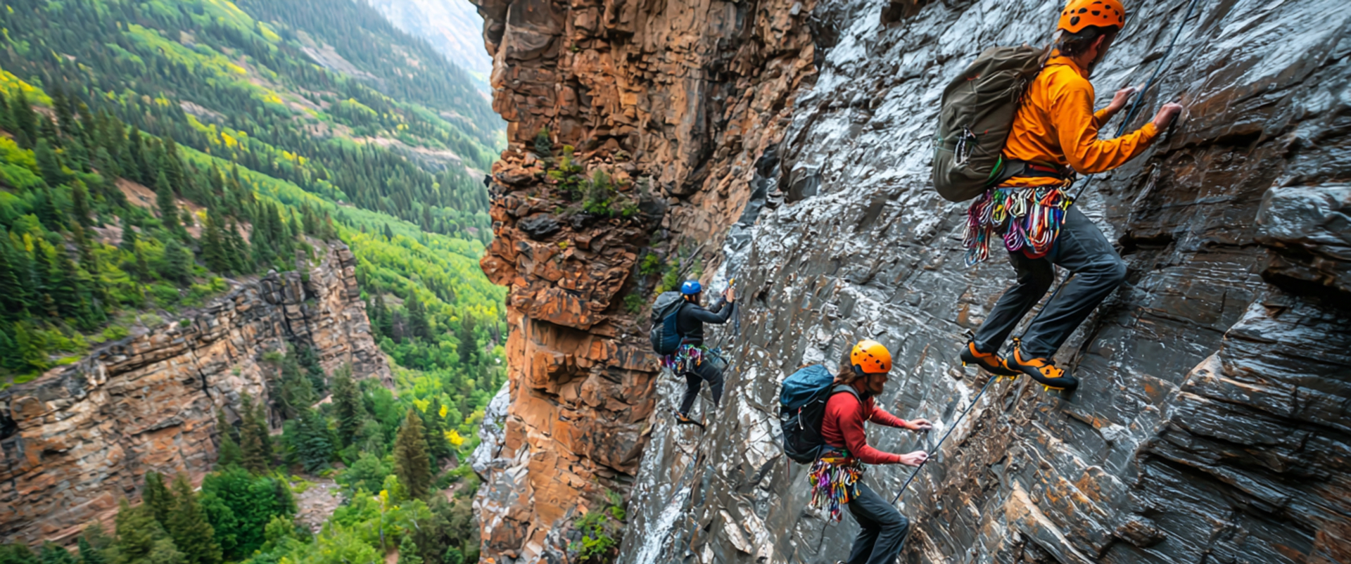 several people climbing up steep cliff with river background generative ai