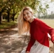 smiling blonde woman laughing street cheerfully lovely young lady feeling happy autumn park_197531 11852