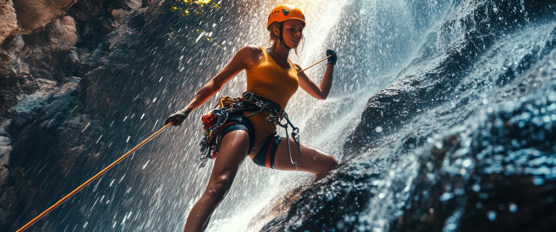 woman canyoning waterfall jungle adventure