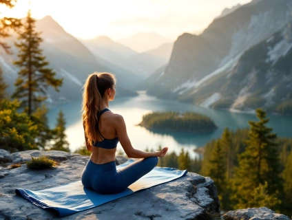 young woman sits lotus position rocky shore mountain lake magnificent landscape